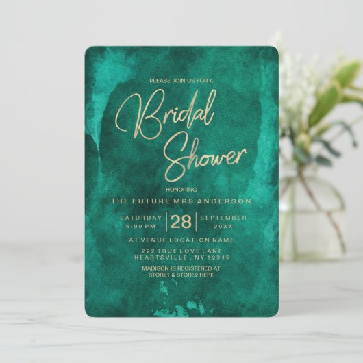 エメラルドグリーンウォーターカラーブライダルシャワー招待 招待状 (スタンド正面)