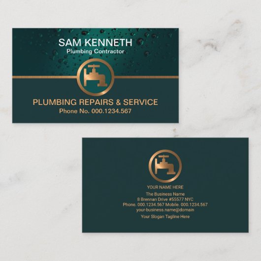 エメラルドグリーンウォータードロップ銅栓タップ配管工 名刺 (正面/裏面)