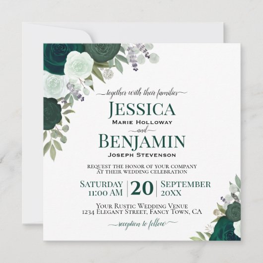 エメラルドグリーンウォーターバラエレガントな結婚式 招待状 (正面)