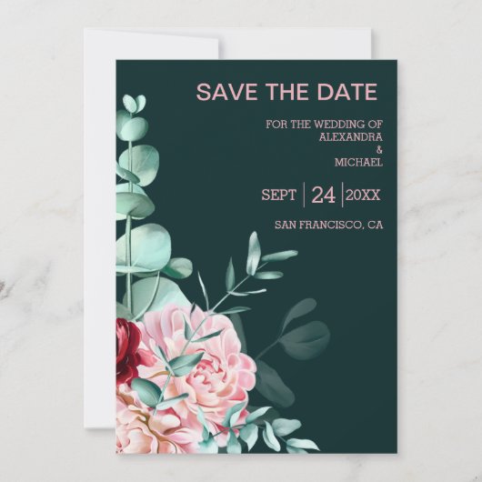 エメラルドグリーンウォーター色バーガンディ結婚フラワーズ セーブザデート (正面)