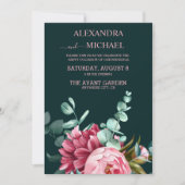 エメラルドグリーンウォーター色バーガンディ結婚フラワーズ 招待状 (正面)