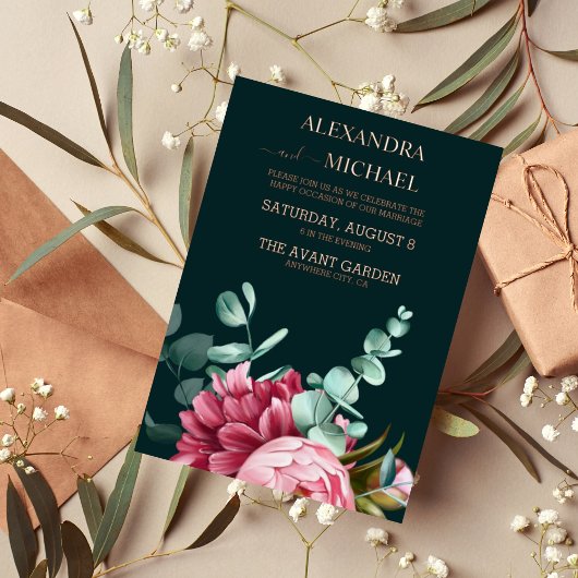 エメラルドグリーンウォーター色バーガンディ結婚フラワーズ 箔招待状