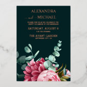 エメラルドグリーンウォーター色バーガンディ結婚フラワーズ 箔招待状 (正面)