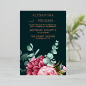 エメラルドグリーンウォーター色バーガンディ結婚フラワーズ 箔招待状 (立ち正面)