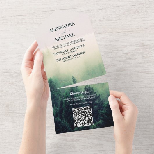 エメラルドグリーンウォーター色パインツ結婚リー オールインワン招待状 (貼ってはがせる)