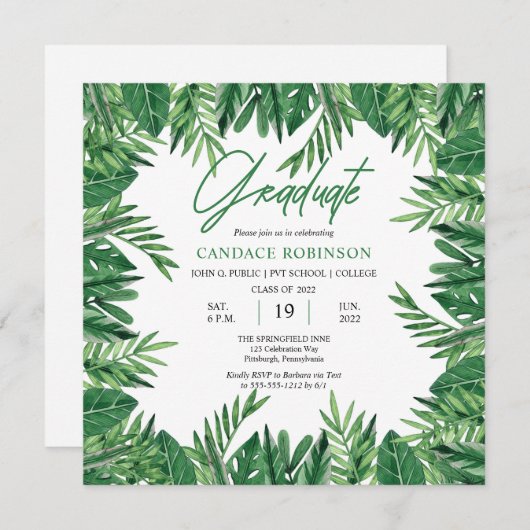 エメラルドグリーンウォーター葉カラー卒業パーティー 招待状 (正面/裏面)
