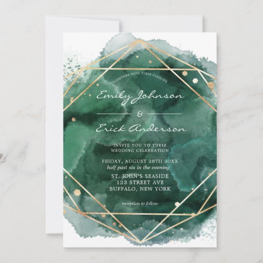 エメラルドグリーンウォーター金ゴールドジオメト結婚リ 招待状 (正面)