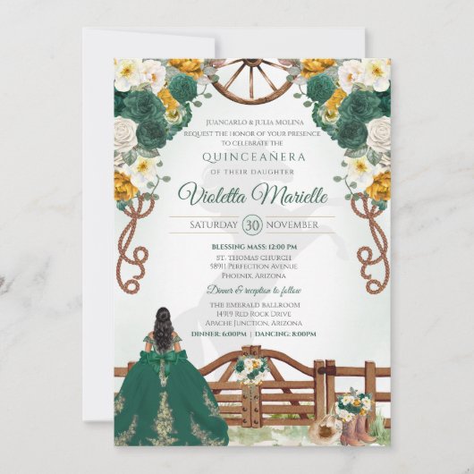 エメラルドグリーンエレガントウエスタンチャロキンセアニェラ 招待状 (正面)