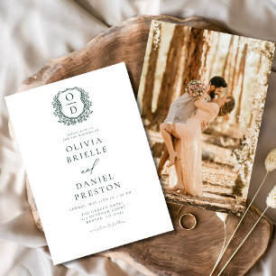 エメラルドグリーンエレガントクレストモノグラム結婚ズ 招待状