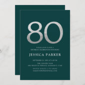 エメラルドグリーンエレガントシルバー80誕生日 招待状 (正面/裏面)