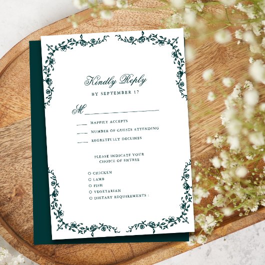 エメラルドグリーンエレガントヴィンテージ結婚フローラ 出欠カード