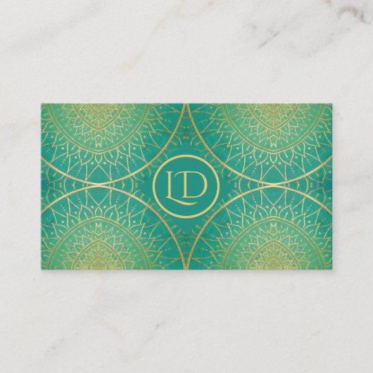 エメラルドグリーンエレガント金ゴールドライトマンダラ 名刺 (正面)