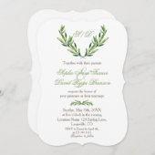 エメラルドグリーンオリーブリースモノグラム結婚ズ 招待状 (正面/裏面)
