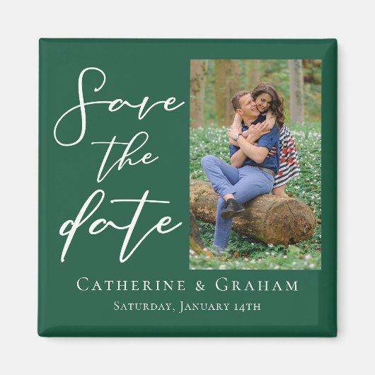 エメラルドグリーンカップル写真の森の日付を保存 マグネット (正面)
