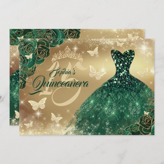 エメラルドグリーンキンセアニェラフラワースパークルドレス 招待状 (正面/裏面)