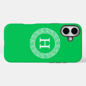 エメラルドグリーンギリシャ鍵ランドフレームイニシャルモノグラム Case-Mate iPhoneケース (裏面 (横))