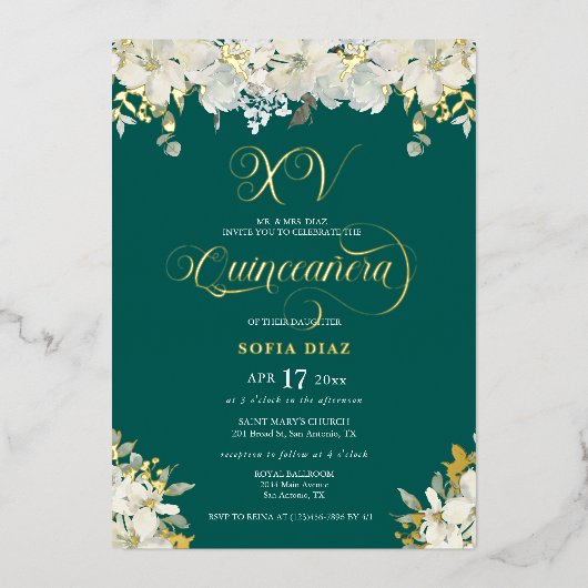 エメラルドグリーンクインセアニラフローラ金ゴールド 箔招待状 (正面)