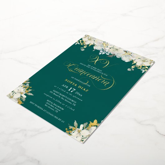 エメラルドグリーンクインセアニラフローラ金ゴールド 箔招待状 (回転した状態)