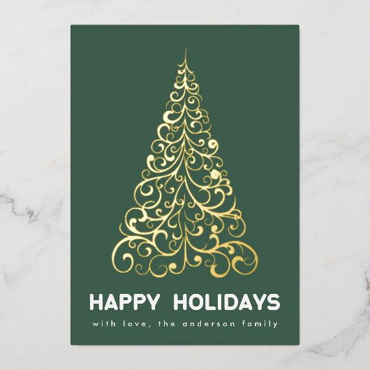 エメラルドグリーンクリスマスの渦巻き木の森ハッピー 箔シーズンカード (正面)