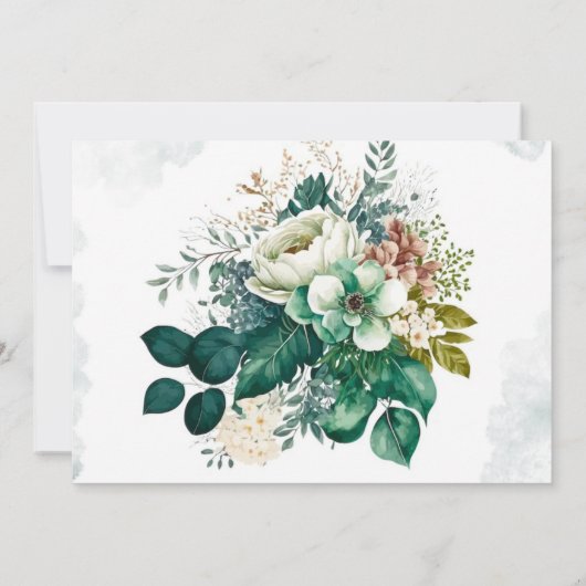 エメラルドグリーンクリーム花模様サンキューカード 招待状 (裏面)