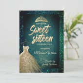 エメラルドグリーングリッター金ゴールドドレスティアラスウィート16 招待状 (スタンド正面)