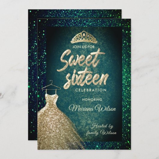 エメラルドグリーングリッター金ゴールドドレスティアラスウィート16 招待状 (正面/裏面)