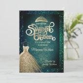 エメラルドグリーングリッター金ゴールドドレスティアラスウィート16 招待状 (スタンド正面)