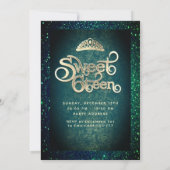 エメラルドグリーングリッター金ゴールドドレスティアラスウィート16 招待状 (裏面)