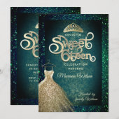 エメラルドグリーングリッター金ゴールドドレスティアラスウィート16 招待状 (正面/裏面)