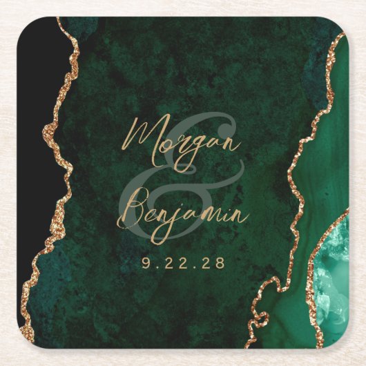 エメラルドグリーンゲート金ゴールド結婚スクリプト スクエアペーパーコースター (正面)