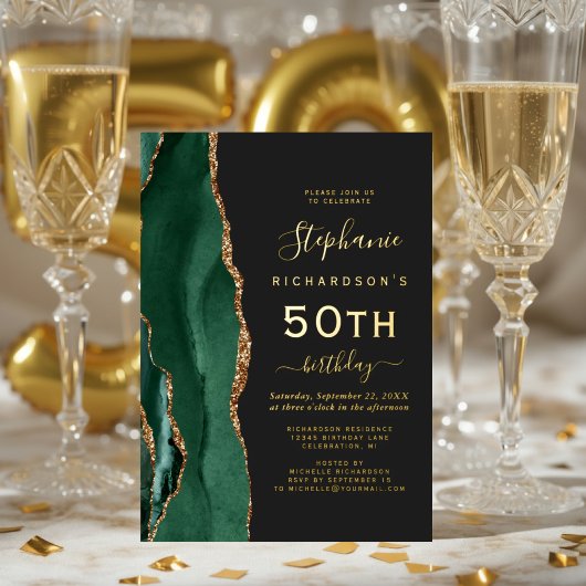 エメラルドグリーンゴールドアゲートダーク50歳の誕生日パーティー 箔招待状