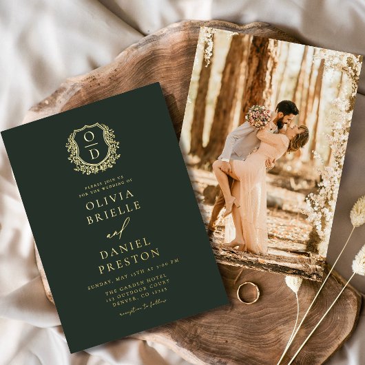 エメラルドグリーンゴールドフォイルフォトモノグラム結婚ズ 箔招待状