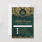 エメラルドグリーンゴールドフォイルレースイスラム結婚ズ 出欠カード (正面)