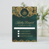 エメラルドグリーンゴールドフォイルレースイスラム結婚ズ 出欠カード (スタンド正面)