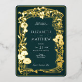 エメラルドグリーンゴールドフォイル結婚フローラ 箔招待状 (正面)