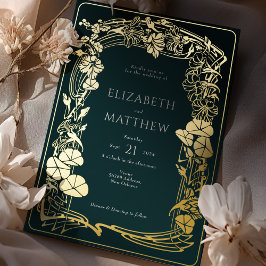エメラルドグリーンゴールドフォイル結婚フローラ 箔招待状