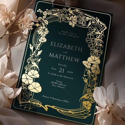 エメラルドグリーンゴールドフォイル結婚フローラ 箔招待状