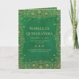 エメラルドグリーンゴールドフラワーのQuinceañera プログラム