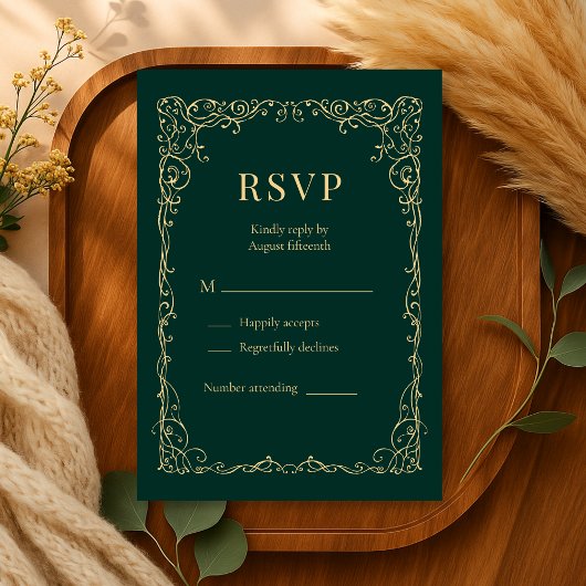 エメラルドグリーンゴールドミニマリスト結婚式RSVP 出欠カード