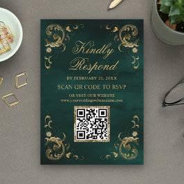 エメラルドグリーンゴールドQRコードRSVP結婚式ウェブサイト エンクロージャーカード