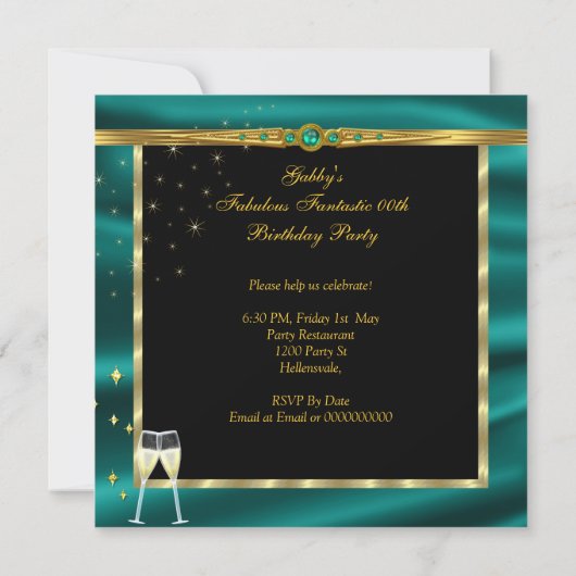 エメラルドグリーンシャンパンハイトバースデーパーティー 招待状 (裏面)