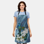 エメラルドグリーンシルクのメタリックブルーグリーンのピーコック エプロン (着用した状態)