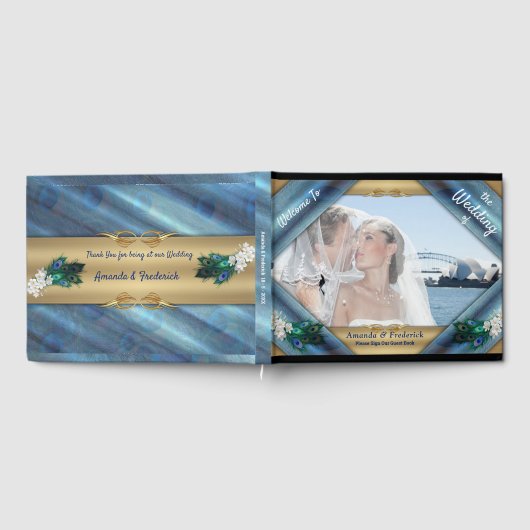 エメラルドグリーンシルクのメタリックブルーグリーンのピーコック ゲストブック (全面)