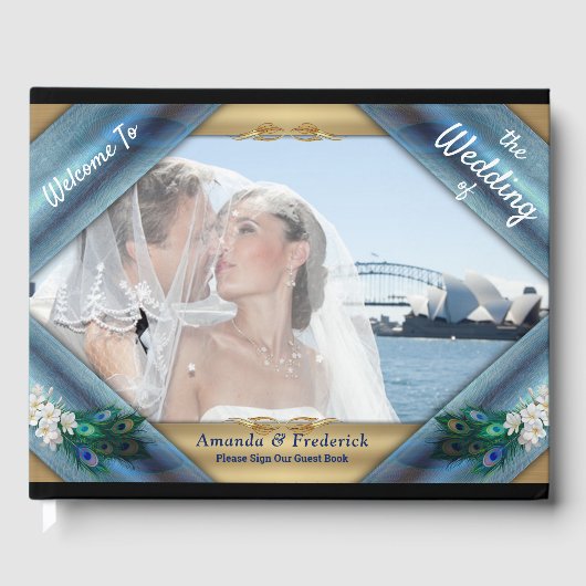 エメラルドグリーンシルクのメタリックブルーグリーンのピーコック ゲストブック (正面)