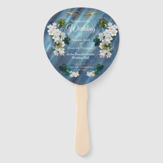 エメラルドグリーンシルクのメタリックブルーグリーンのピーコック ハンドファン (正面)