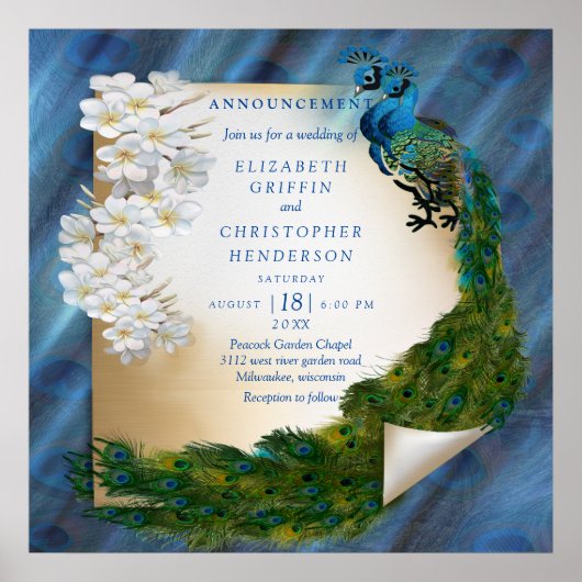エメラルドグリーンシルクのメタリックブルーグリーンのピーコック ポスター (正面)