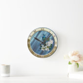 エメラルドグリーンシルクのメタリックブルーグリーンのピーコック ラウンド壁時計 (ホーム)