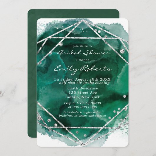 エメラルドグリーンシルバーウォーターブライダルシャワー 招待状 (正面/裏面)