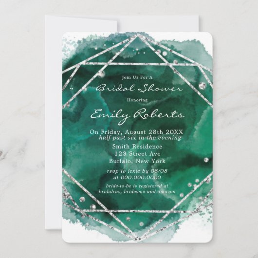 エメラルドグリーンシルバーウォーターブライダルシャワー 招待状 (正面)