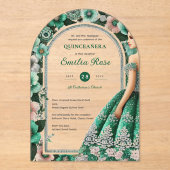 エメラルドグリーンシルバーカインスドレスフラワーズティアラ アクリル招待状 (正面)